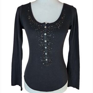 Love‎ Rocks Beaded Ribbed Henley Women's Medium Long Flare Sleeve Y2K Fitted 90s